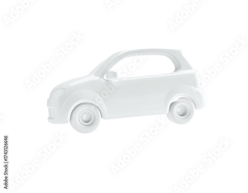 A smooth, pristine white toy car sits isolated against a stark black background