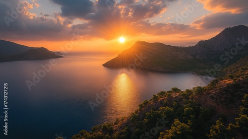 Fototapeta Naklejka Na Ścianę i Meble -  Beautiful mediterranean seascape in turkey at sunset, tranquil coastal landscape photography
