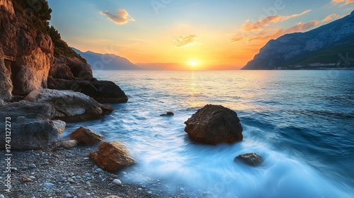 Fototapeta Naklejka Na Ścianę i Meble -  Beautiful mediterranean seascape in turkey at sunset, tranquil coastal landscape photography
