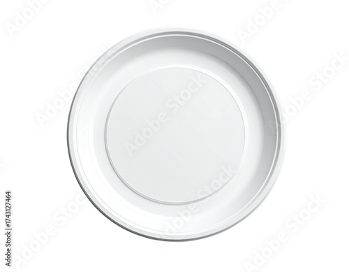 Overhead shot of a clean, white, round plate with concentric circles and shadows