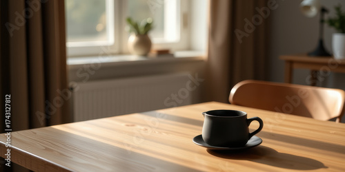 Wallpaper Mural Minimalist matte black teapot cup on wooden table with warm sunlight and cozy mood Torontodigital.ca