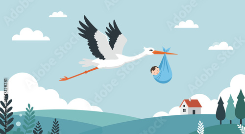 Cute flat illustration of a stork flying in the sky carrying a baby in a blue blanket, with house and trees in the background. Symbol of birth, new life, and family happiness.