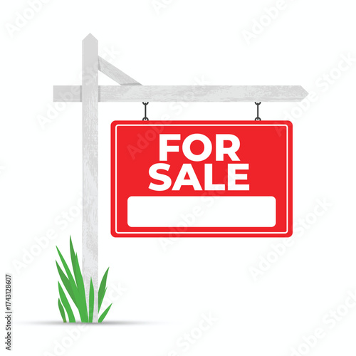 Bold red and blue sale yard sign with helvetica and courier text