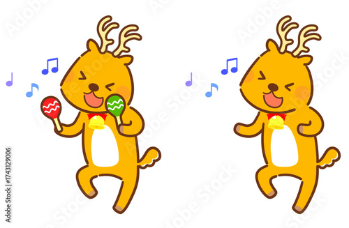 マラカスを持って踊るトナカイのかわいいキャラクター（クリスマス・冬素材）