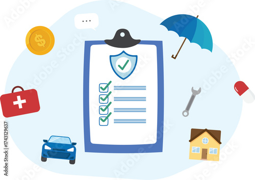 Health insurance and healthcare concept. Medical security for risk management. Health prevention planning. Insurance document with shield and umbrella and Medicare icon vector flat design.