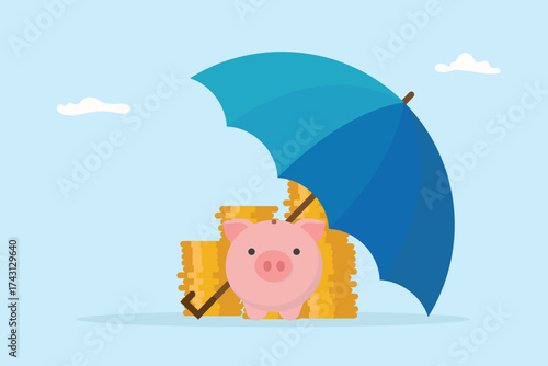 Life insurance and health insurance concept. Medical and financial security for risk management. Investment and retirement planning. Umbrella protect saving money vector flat design.