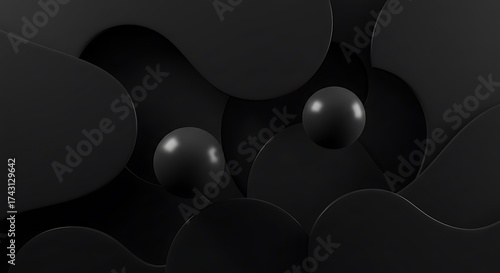 Minimal Black Abstract 3D Background with Curved Geometric Shapes and Smooth Shadows