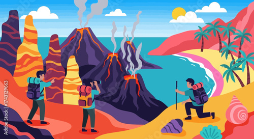Volcanic Island Exploration - Hikers Discovering Active Volcanoes and Coastal Beauty.