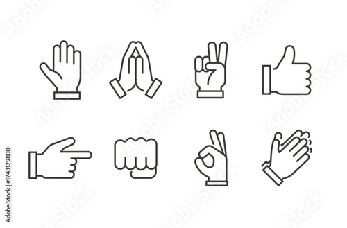 Hand gesture icon set. Thin line vector illustration body gesture communication symbols. Fingers, point, shake, fist, pray, palm, victory sign