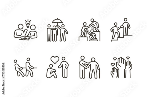 Connection, compassion icon set. Thin line editable stroke icons. Teamwork, social care, empathy, friendship, charity, community support, humanitarian aid, volunteering, and emotional relationship