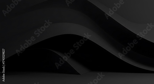 Minimal Black Abstract 3D Background with Curved Geometric Shapes and Smooth Shadows