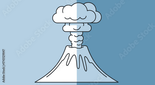 Volcano Eruption Illustration with Smoke Cloud on Blue Background.