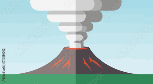 Volcano Eruption with Smoke and Lava Flowing Down the Sides.