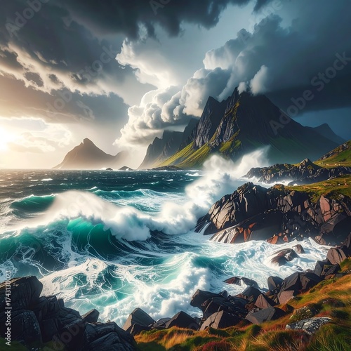 Coastal landscape with waves crashing against rocks and mountains