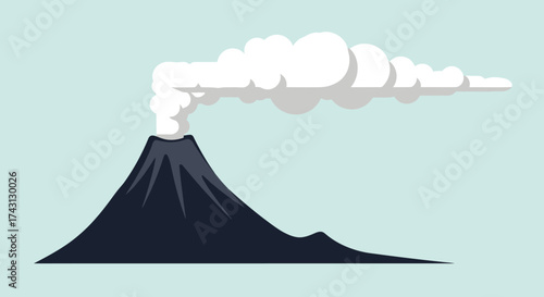 Volcano Eruption with Smoke Cloud, Dark Mountain, and Light Blue Background.