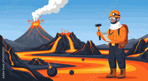 Volcanologist Examining Lava Flow with Hammer and Clipboard.