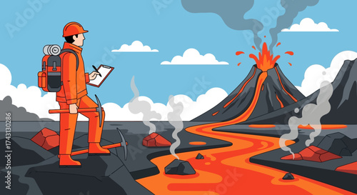 Volcanologist Observing Erupting Volcano with Lava Flow and Steam.