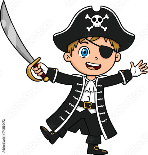 Cartoon child pirate costume illustration, playful boy in pirate outfit with sword, tricorn hat, eye patch, smiling character design for kids adventure theme