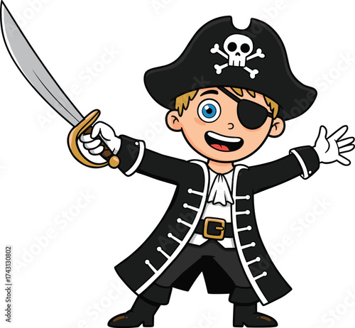 Cartoon child pirate costume illustration, happy boy in pirate hat with skull crossbones, eye patch, sword, playful kids adventure, fantasy character design art