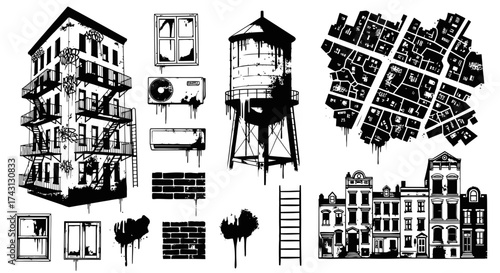Architectural Sketch Collage of City Elements