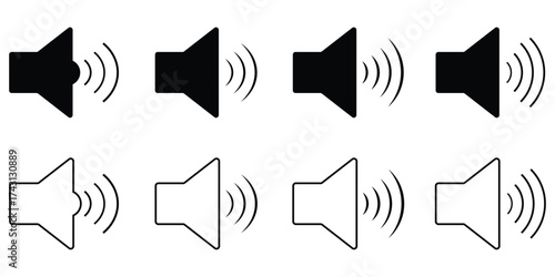 sound on off icons vector in line style . sound volume and mute icon. Volume allow and volume prohibit icon set. Sound and Mute. speaker icon with radiating sound waves illustration. eps 10