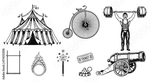Vintage Circus Icons Collection Line Art