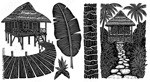 Tropical Hut Village Landscape Silhouette