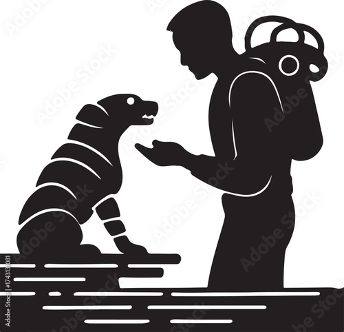 Silhouette of a person with a backpack interacting with a dog sitting on a bench in a stylized artistic depiction
