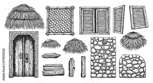Rustic Building Elements Collection Hand-Drawn Vector Art