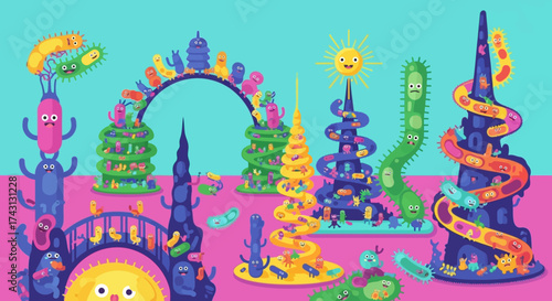 Whimsical Cartoon Structures and Characters in a Colorful Landscape.