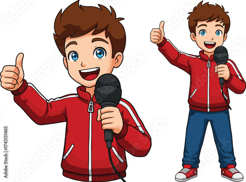 Cartoon boy holding microphone, red jacket outfit, confident thumbs up gesture, smiling character illustration, full body and close up view, performance, entertainment, speaking, music