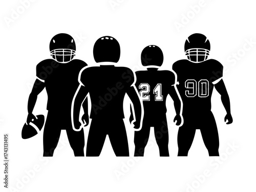 Football players silhouettes, group of american football players, set of vector drawings of team sport athletes

