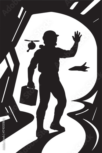 Silhouette of a determined man in a cap holding a briefcase waving for help near a helicopter and airplane