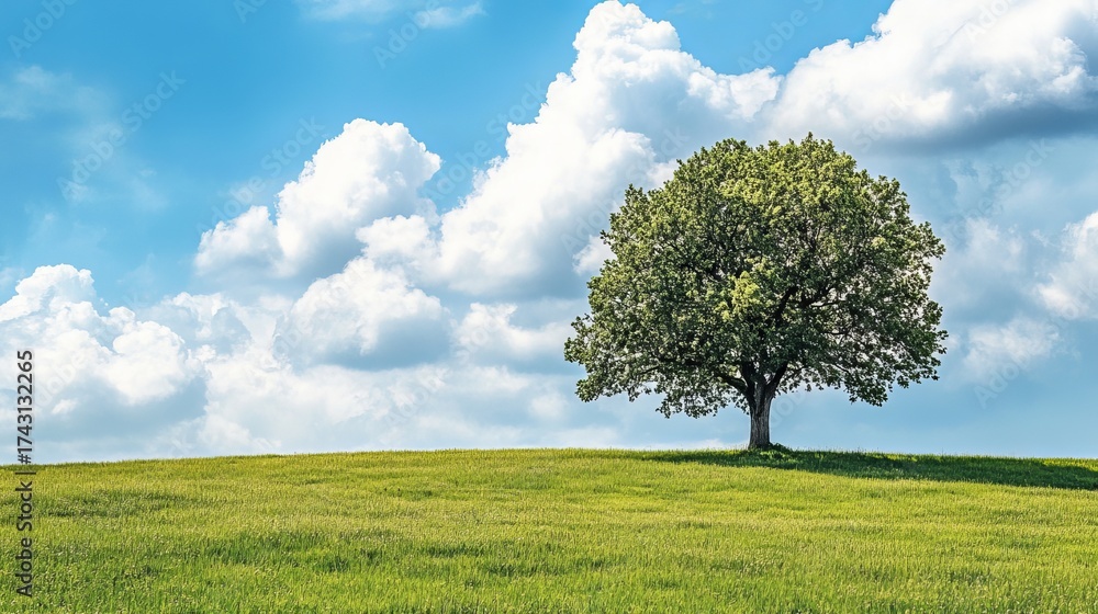Obraz premium Peaceful nature scene with big tree on vibrant field and blue sky