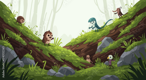 Whimsical Forest Creatures in a Mossy Hollow Illustration.