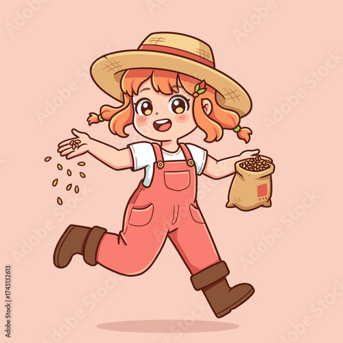 Girl with orange pigtails in straw hat joyfully scattering seeds while running, on pink background.