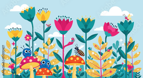 Whimsical Garden Scene with Flowers, Bugs, and Mushrooms.