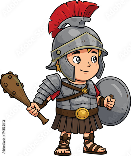 Cartoon Roman gladiator soldier illustration, ancient warrior character in armor with helmet plume, shield and spiked club, historical costume design, educational entertainment artwork