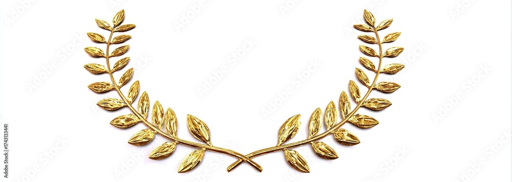 Obraz premium A golden laurel wreath on a stark white background, presented in a semi-circular shape