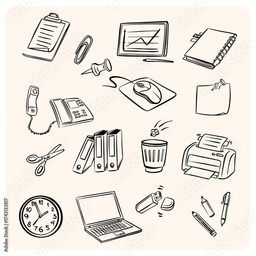 Comprehensive Hand-Drawn Office and Business Essentials Icon Set