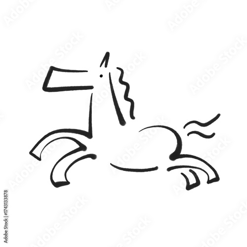 墨絵の走る馬の和モダンなラインアート　2026 正月素材　モノクロ