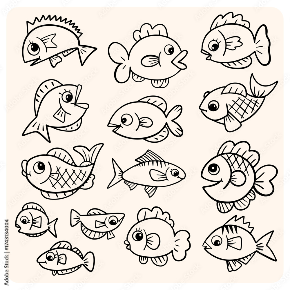 Fototapeta premium Cute Hand-Drawn Outline Cartoon Fish Characters Collection