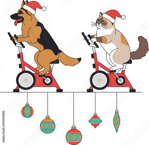 Vector illustration of a German Shepherd and a Siamese cat exercising on stationary bikes, wearing Santa hats