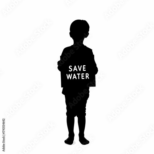 Silhouette of a child holding a save water placard isolated on white background