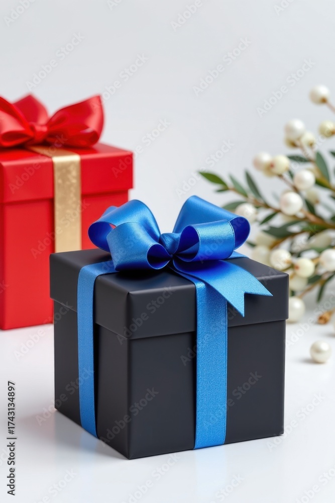 Obraz premium Elegant black gift box with vibrant blue ribbon and bow, surrounded by festive holiday decorations including white berries and a red gift box with gold ribbon