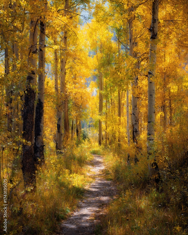 Fototapeta premium Painterly autumn forest path lined with golden aspen trees