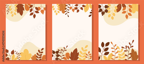 Autumn floral background templates with warm orange and brown leaves, perfect for November seasonal design, fall greeting cards, invitations