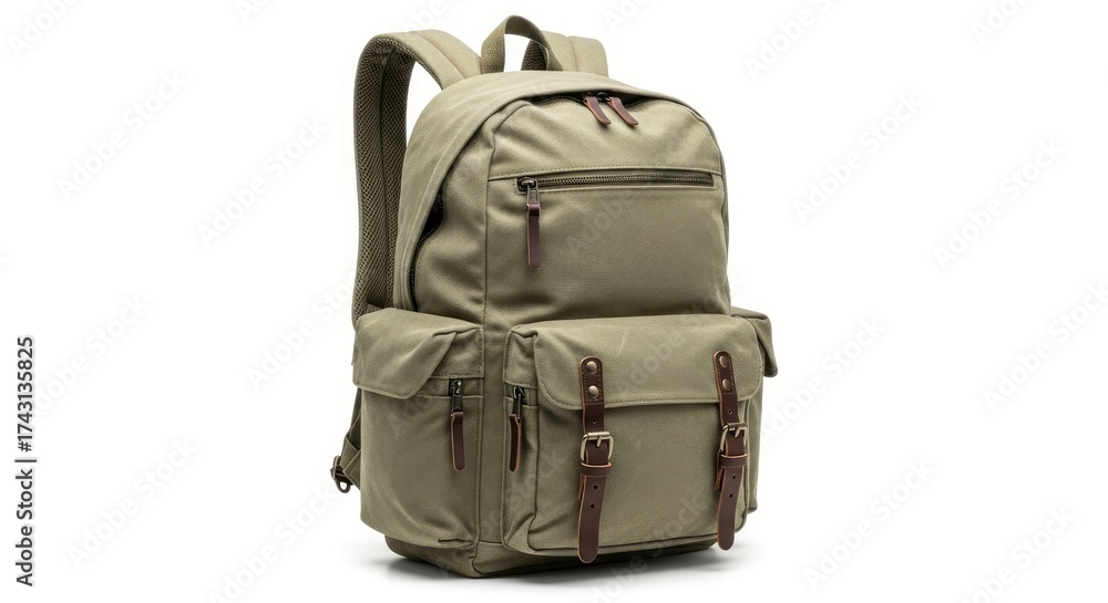 Fototapeta premium An olive green canvas backpack with brown leather accents and multiple pockets stands on a white background It features buckled front pockets and zippered compartments