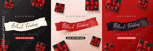 Elegant Black Friday banner with red ribbon gift boxes and torn paper text design perfect for sale promotion and online shopping advertisement