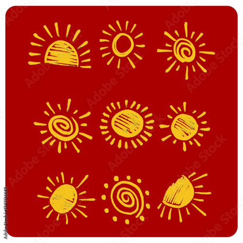 Rustic Hand-Drawn Yellow Sun Icons Set on Red Background